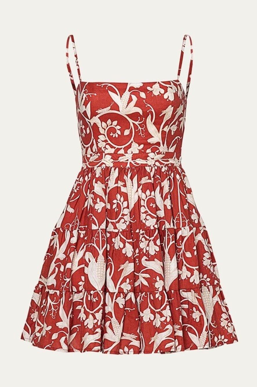 NEW Aqua by Agua Bendita Lima Linen Mini Dress L Red White Floral Embroidery